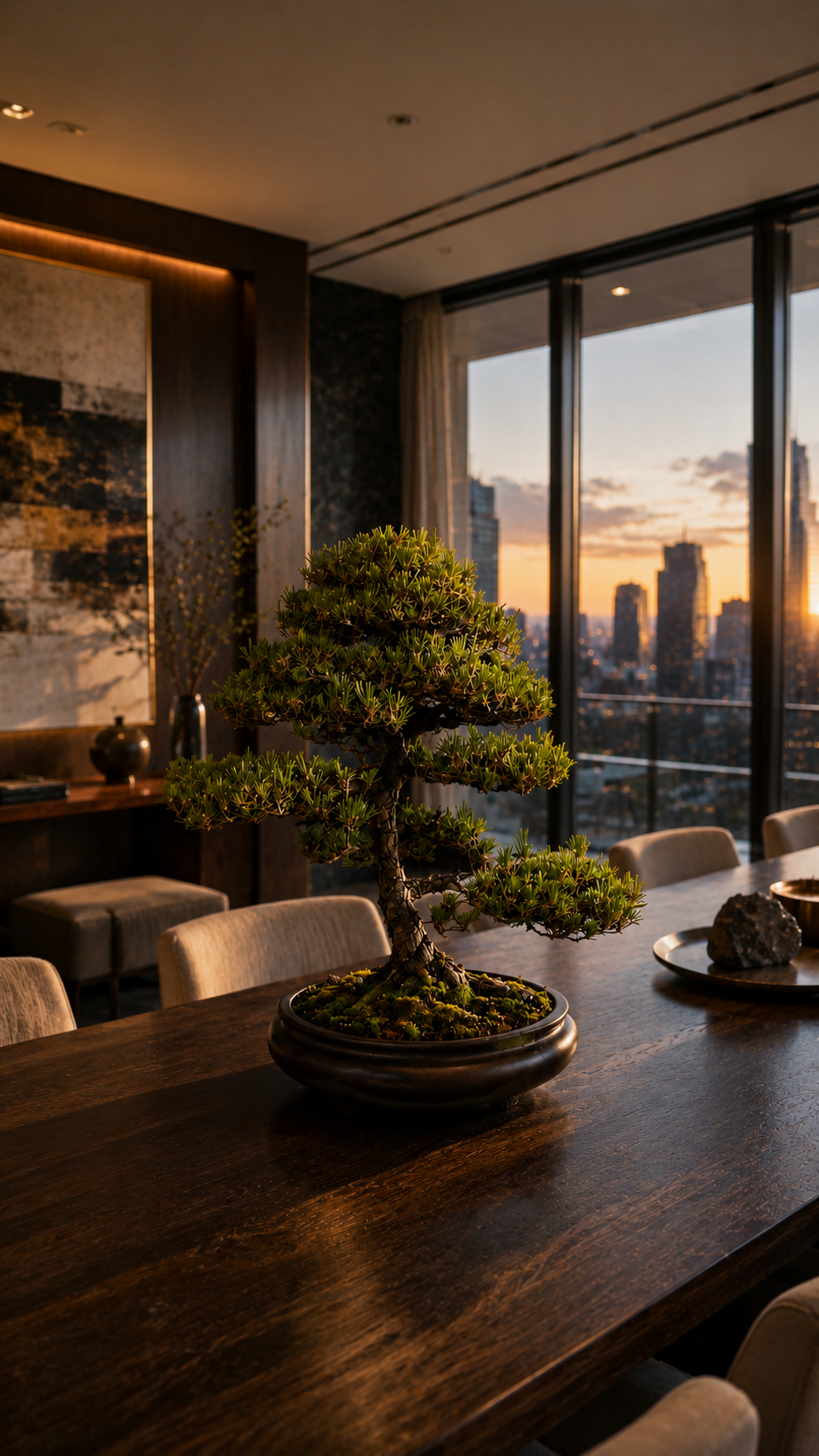 Bonsai em sala com vista da cidade ao entardecer