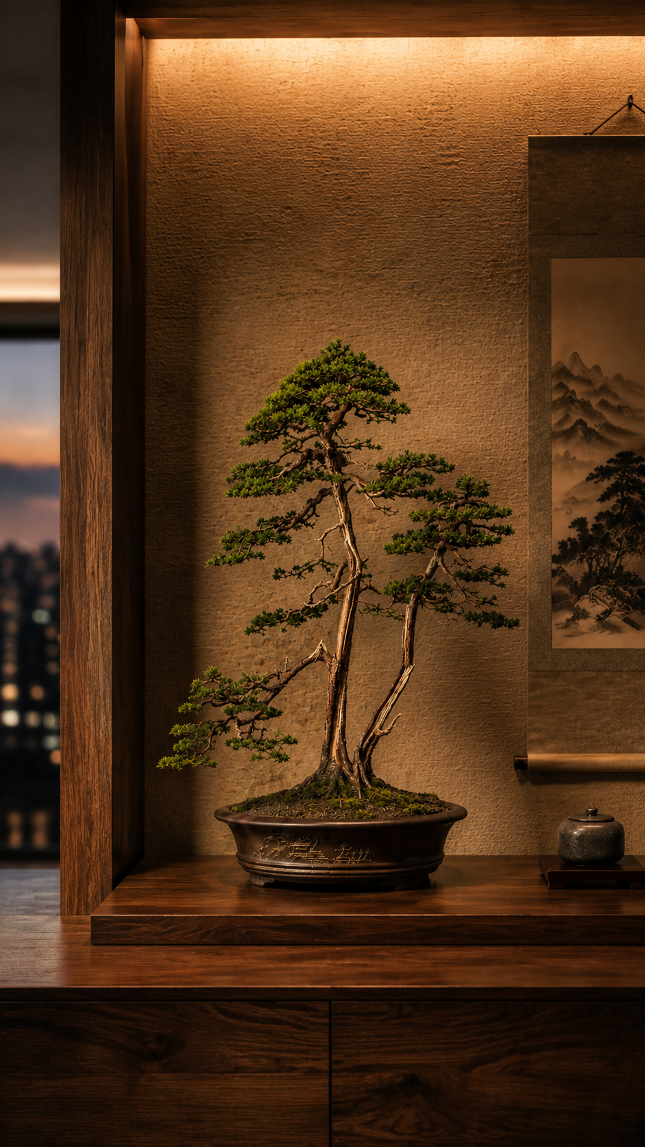 Bonsai iluminado em nicho de parede com pintura japonesa