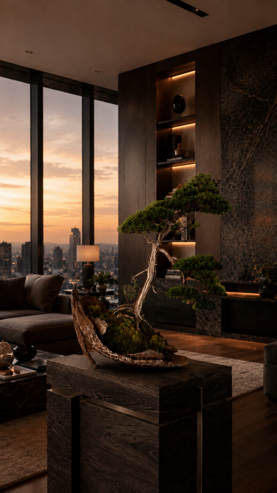 Bonsai sobre pedestal em ambiente ao pôr do sol